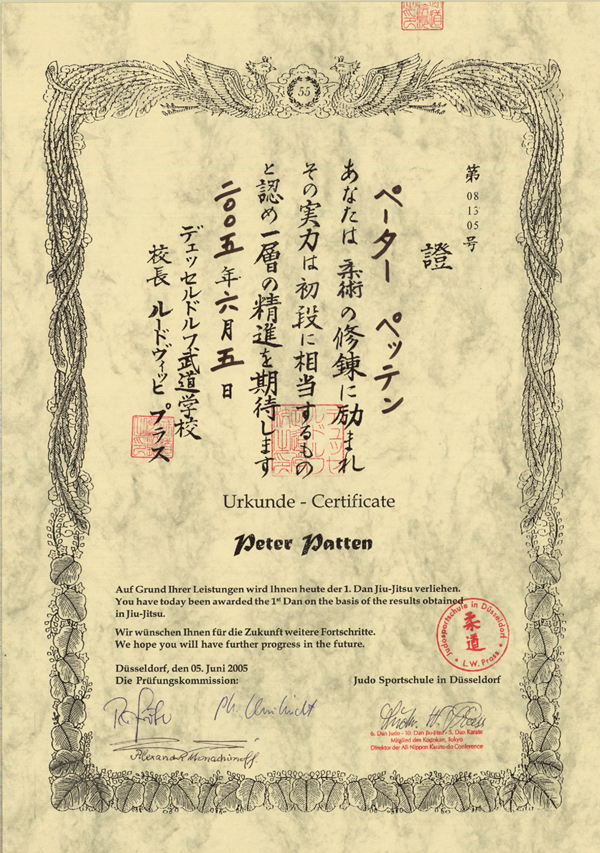 Urkunde 1. Dan Jiu-Jitsu (Schwarzgurt)